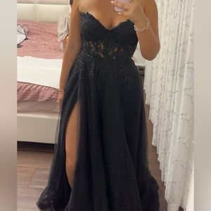 la femme black strapless prom dress